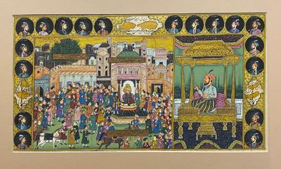 [INDIAN PAINTING: AN IMAGINARY "DYNASTIC" SCENE WITH IMAGINARY WRITING]. Painted in gold and color, overpainted on a partially printed leaf with manuscript annotations