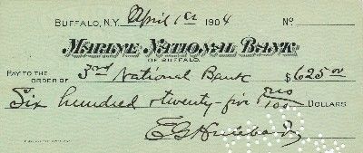 Document Signed, 8vo oblong, Marine National Bank, Buffalo, New York, April 1, 1904