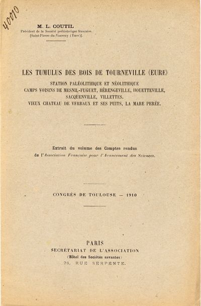 Paris: Secrétariat de L'Association, 1910. Offprint. Paper wrappers. A very good copy with lightly ...