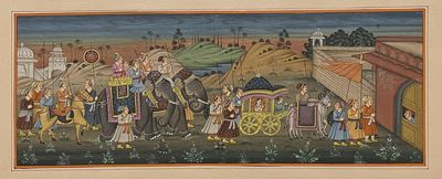 [TWO INDIAN PAINTINGS OF PROCESSIONAL SCENES AT TWILIGHT]. Painted in color and heightened in gold