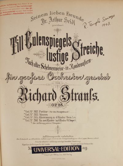 Till Eulenspiegels lustige Streiche. Nach alter Schelmenweise - in Rondeauform für grosses Orchester gesetzt ... Seinem lieben Freunde Dr. Arthur Seidl gewidmet ... Op. 28. Verl. No. 2832. Partitur (Für den Privatgebrauch). [Full score]