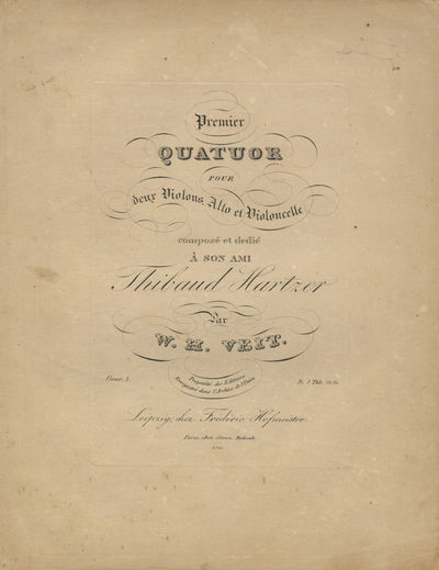 [Op. 3]. Premier Quatuor pour deux Violons, Alto et Violoncelle composé et dedié à son ami Thibaud Hartzer... Oeuv. 3. Pr. 1 Thlr. 12 Gr. [Parts]