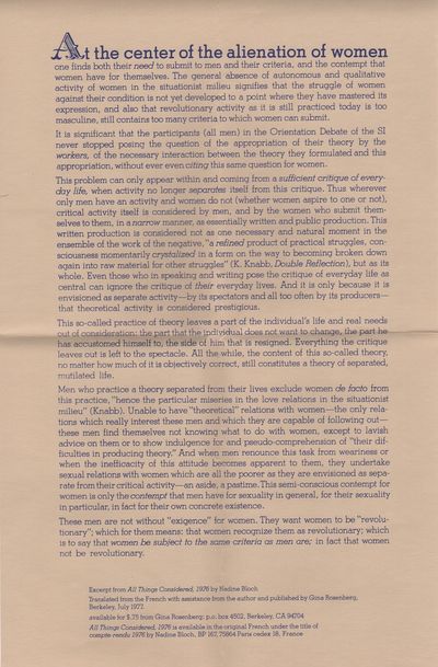 AT THE CENTER OF THE ALIENATION OF WOMEN... [Promotinoal Broadside for the Book ALL THINGS CONSIDERED]