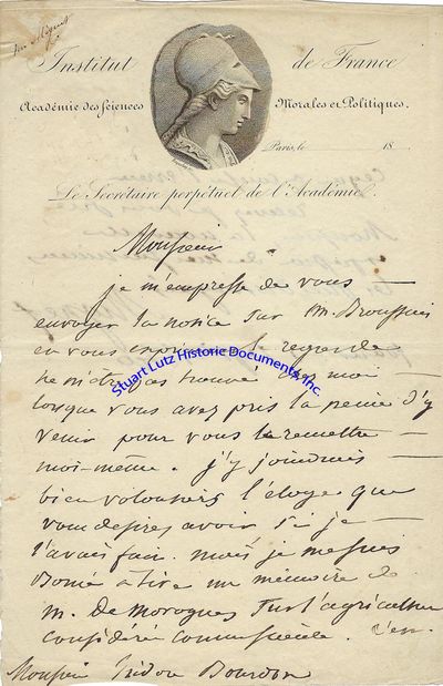 French Revolutionary Historian Franois Mignet Writes A Letter As Perpetual Secretary Of The French Acadmie Des Sciences Morales Et Politiques