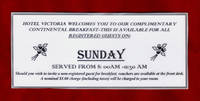 Hotel Victoria (New York City) Laminated Sunday Breakfast Voucher. Ephemera