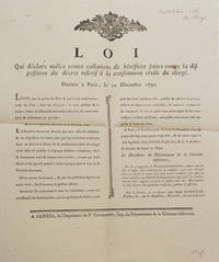 Loi qui declare nulles toutes collations de bénéfices faites contre la dispostion du décret relatif à la constitution civile du clergé. Donnée à Paris le 12 Decembre 1790