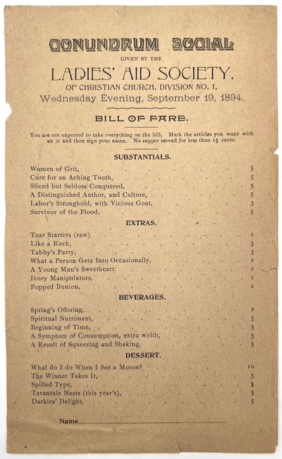 Bill of Fare for Conundrum Social Given by Ladies' Aid Society