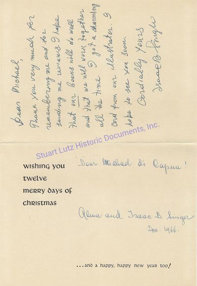 Isaac Bashevis Singer Signs A Christmas Card To His Literary Editor