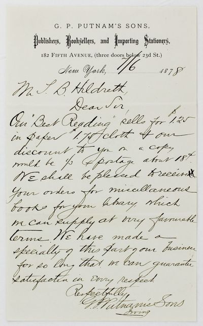 [Autograph Letter, Signed, from G.P. Putnam's Sons to L.B. Hildreth Regarding a Book Order]