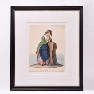 Watercolour "Isle of Procida" Lady laeaning against a rock in native costume