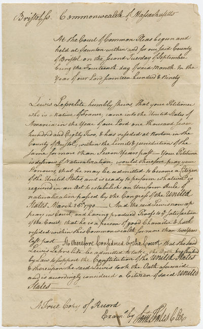 Very Early 1790s Naturalization Certificate for Famous French Physician & One the First Persons to Become an American Citizen Under the First Naturalization Act