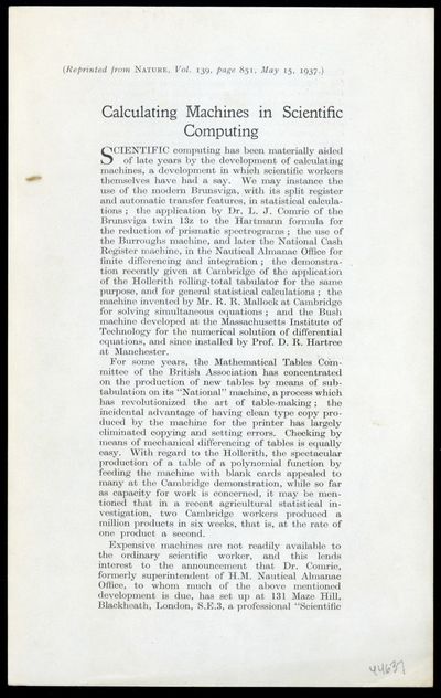 1937. Calculating machines in scientific computing. Offprint from Nature 139 (May 15, 1937). Unbound...