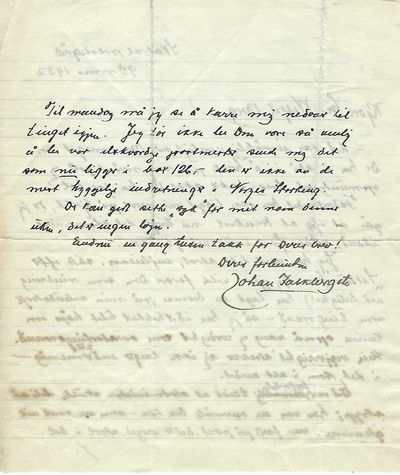 Originalt håndskrevet tosiders brev på 26 linjer fra Johan Falkberget til (P. A.) Wessel Berg, datert Skatval Prestegård 9 de mars 1932. (photo 2)