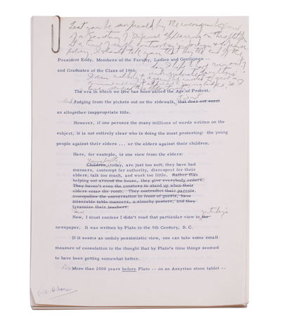 Corrected typescript draft of his 1966 commencement address delivered at Chatham University