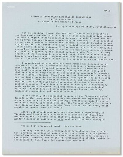 Corporeal Orgasm* and Personality Development in the Human Male (a spoof in the manner of Freud)