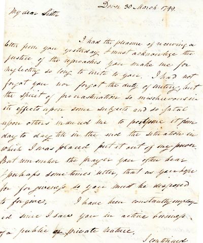 Autograph Letter Signed, to his sister, Dover [Delaware], March 30, 1799