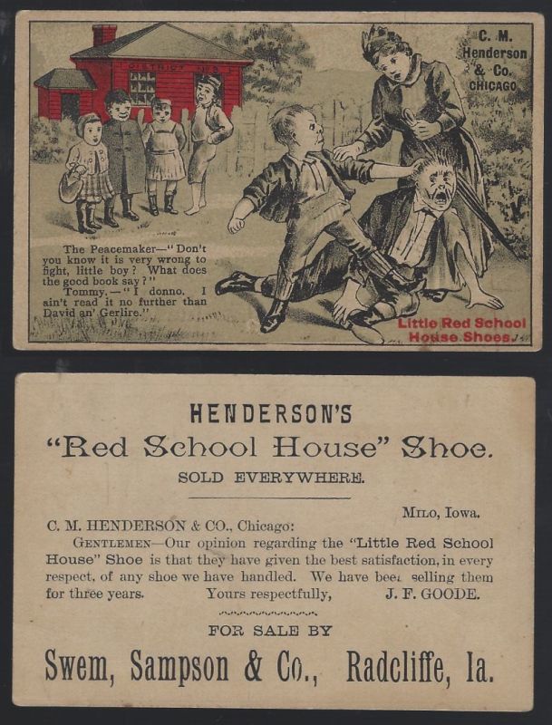 VICTORIAN TRADE CARD FOR RED SCHOOL HOUSE SHOES, WITH SCHOOL CHILDREN