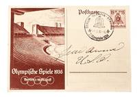 [Postcard] Postkarte with clearly readable circular postmark "Berlin Olympic Stadium XI Olympiade 1936 and "1. 8. 36._16" bookended by two small swastikas. Signed by Owens in ink on front "Jesse Owens U.S.A.