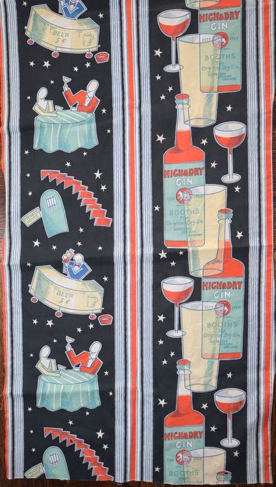 1930. Very Good. An Art Deco toile fabric that captures the glamour of alcohol during Prohibition --...