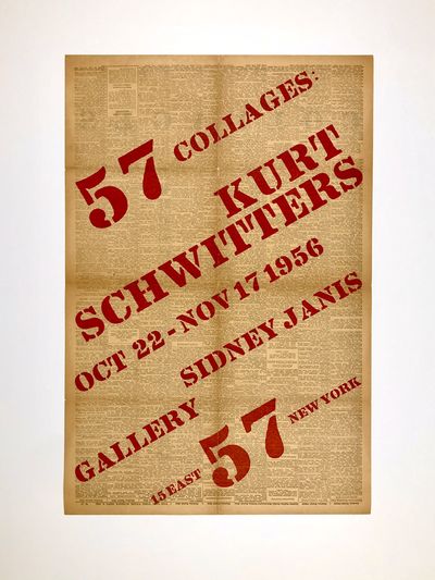 Illustrated poster with exhibition title and informational texts boldly silkscreened in red ink acro...