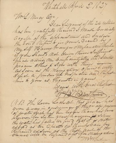 1827 Letter to William L. Marcy Accepting a Political Appointment, Likely on the Champlain Canal