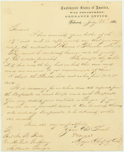On the Day of the First Battle of Bull Run, Confederate Ordnance Chief Josiah Gorgas Orders Equipment for 100,000 Troops