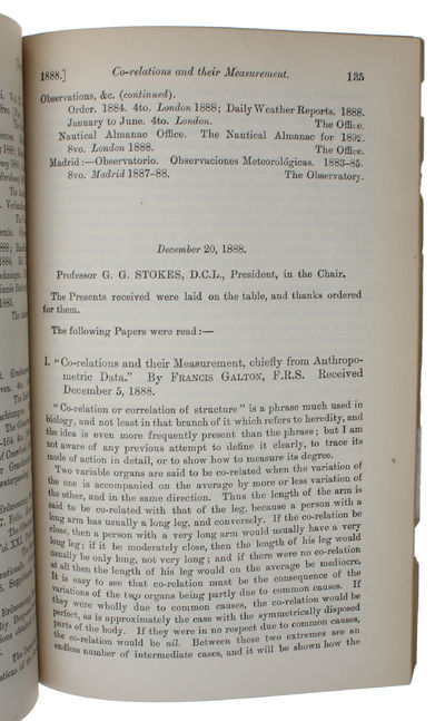 Co-relations and their measurement, chiefly from anthropometric data. - [THE INVENTION OF THE STATISTICAL CONCEPT OF CORRELATION] (photo 3)