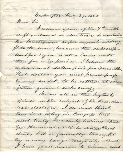 Autograph Letter Signed as Member of Congress from Vermont. Washington, DC. February 29, 1840, to Leonard Sargent, Manchester, Vermont, a member of the state Legislature and later Lt. Governor of Vermont