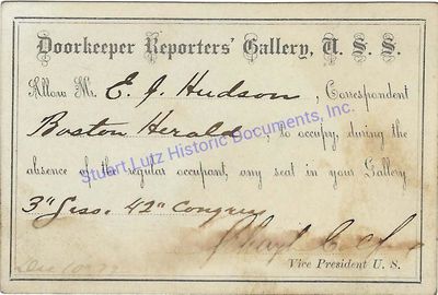 SCHUYLER COLFAX (1823-1885). Colfax was Vice-President under Ulysses Grant.DS. 1pg. 5 x 3. December ...