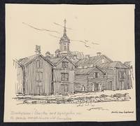 Domkyrkan i 'Öbacka' med kyrkpilen och de gamla magasinen vid kanalen.