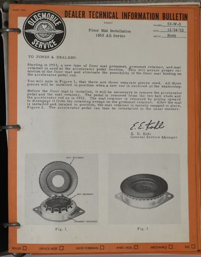 OLDSMOBILE DEALER TECHNICAL INFORMATION BULLETIN. 80 ISSUES. 1952, 1953, 1954, 1955 & 1958