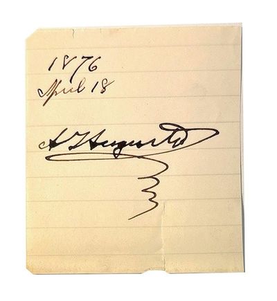 n.p., 1876. Very Good. Small trimmed piece of lined paper. 7 x 8 cm. Dark ink now partially browned....