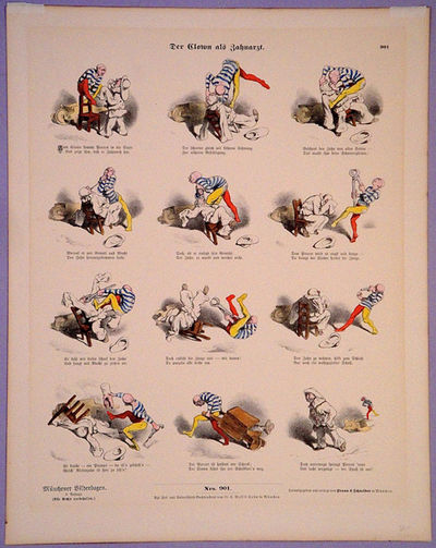 Der Clown als Zahnarzt. Hand-colored lithograph