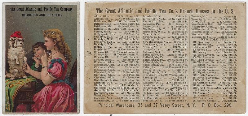 VICTORIAN TRADE CARD FOR GREAT ATLANTIC AND PACIFIC TEA COMPANY WITH CHILDREN TEACHING DOG TRICKS
