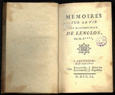1. Mémoires sur la vie de mademoiselle de Lenclos, Par M. B****. À Amsterdam. 1751. x, 164 s.2. Mémoires authentiques de Madame la Comtesse du Barry, maitresse de Louis X, Roi de France. Estraits d'un Manuscrit que pssede Madame la Duchesse de Villeroy. Par le Chevalier Fr. N. Traduit de l'Anglais. Londres. 1775. (4), 188 s.3. (Charnes, Jean-Antoine de ?).  Porte-feuille de Monsieur L. D. F. ****. À Cologne. Chez *****. 1695. Tittelbladet trykt i rødt og svart. (8), 170 s.4. Le Bramine inspiré, traduit de l'Anglais Par M. l'Escallier. Berlin. 1751. Gravert frontispiece. Gravert tittelblad. (12), 80 s. (photo 2)