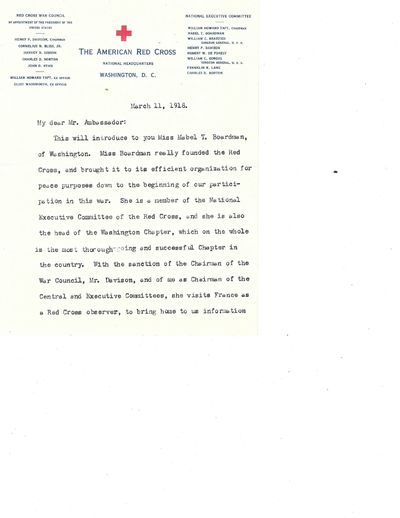 World War I Red Cross Leadership William Howard Taft 1918 Letter Introducing Mabel Boardman to U.S. Ambassador in France