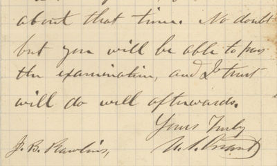 Just Days After Announcing He Would Not Seek a 3rd Term, President Ulysses S. Grant Writes the Son of His Confidant and Longtime Aide, John Rawlins, Wishing Him Luck on the West Point Graduation Examination
