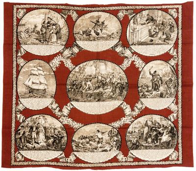 JACQUES’ ADVENTURES AT SEA: A RARE PRINTED TEXTILE FROM 19TH-CENTURY FRANCE <br> [Maritime Story of Jacques Va-de-Bon-Coeur].