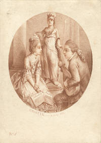Oval stipple engraving printed in sepia depicting a singer and mandolinist with a statue of Athena in the background