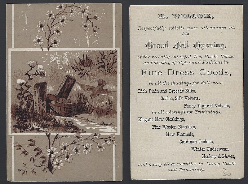 VICTORIAN TRADE CARD FOR R. WILCOX FALL OPENING DRY GOODS, HOUSE, FASHIONS, WITH COUNTRY LANDSCAPE