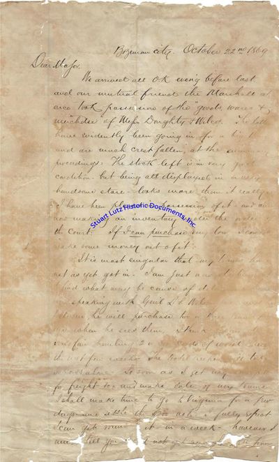 (MONTANA). ALS. 2 pg. 8 x 10. October 22, 1869. Bozeman. An autograph letter signed W.S. Darby in Bo...