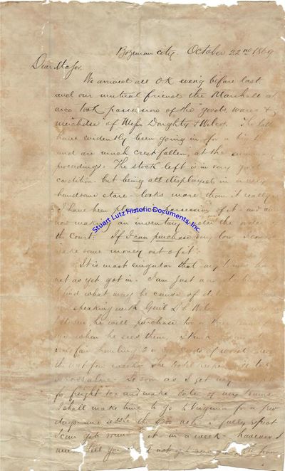 (MONTANA). ALS. 2 pg. 8” x 10”. October 22, 1869. Bozeman. An autograph letter signed “W.S. Da...