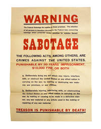 Warning Sabotage Safety War Poster..,."WARNING. The Federal Sabotage Act applies to these premises...Treason is punishable by DEATH