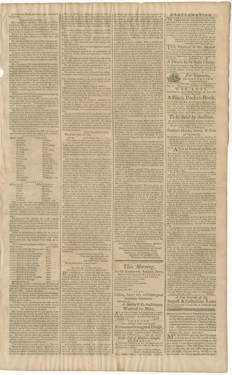 September 1789 Printing of the Act Establishing th