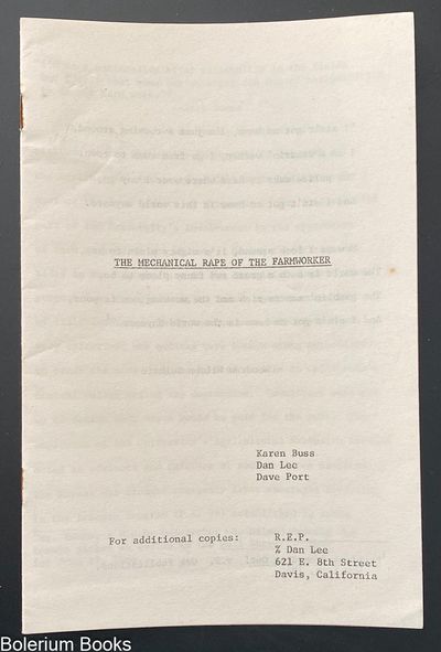 Davis, CA: R.E.P., . staplebound pamphlet, 5.5x8.5 inches, minor foxing, some rust to the staples. U...
