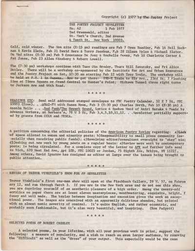 THE POETRY PROJECT NEWSLETTER - No. 42 - Feb 1977