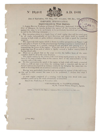 Improvements in Wind Engines. [British Patent] Number: 19,401. A.D. [Date of Application, 10th Nov., 1891 - Accepted, 12th Dec., 1891]. - [THE WORLD'S FIRST POWER-GENERATING WIND-MILL] (photo 2)
