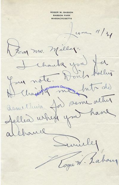 Handwritten Letter From Roger Babson, Founder Of His Namesake Business School