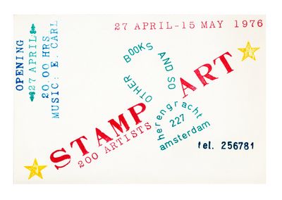 Announcement card for the Other Books and So exhibition Stamp Art, 200 Artists (27 April-15 May 1976)