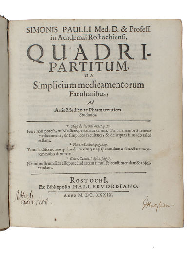 Quadripartitum, de simplicium medicamentorum facultatibus (+) Oratio ad dn Professores ac Studiosos amnium ordinum. - [PAULLI'S FIRST BOTANICAL WORK] (photo 2)